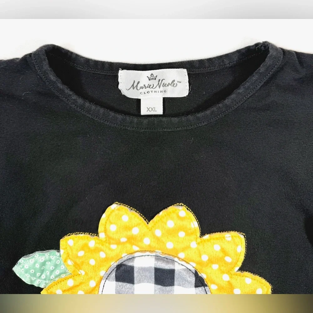 MARIE NICOLE CLOTHING Black Sunflower Applique Cap Sleeve Floral T-Shirt Size‎ 6
